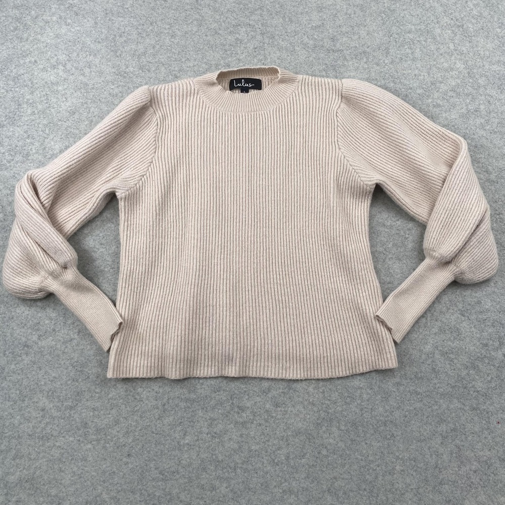 Lulus Sweater Womens Large Beige Ribbed Knit Balloon Sleeve Crewneck Pullover